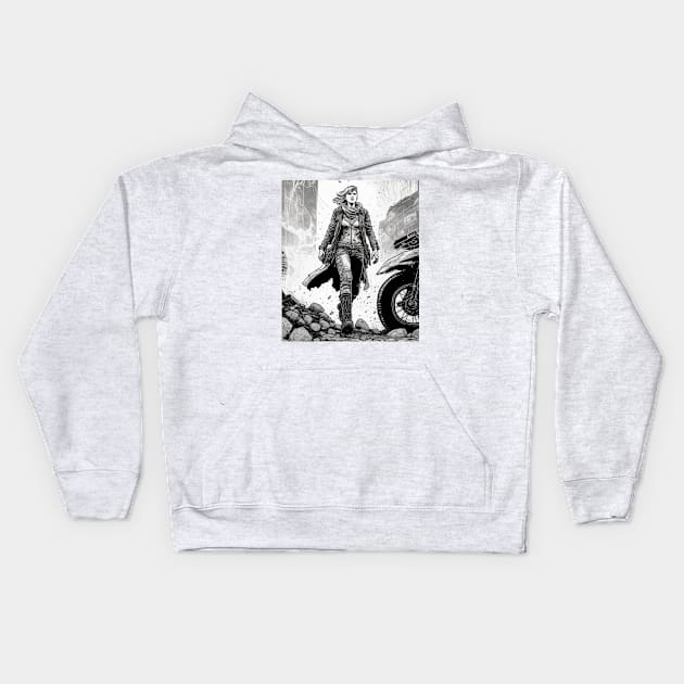 Dirt bike stunt cartoon style in city Kids Hoodie by KoolArtDistrict